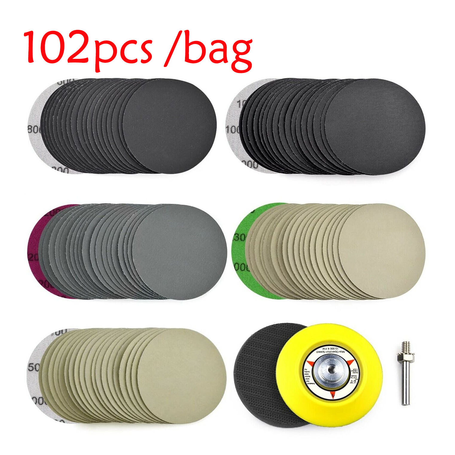 102PC 3 inch Sanding Discs Wet Dry Hook Loop 800-5000 Grit for Drill Die Grinder
