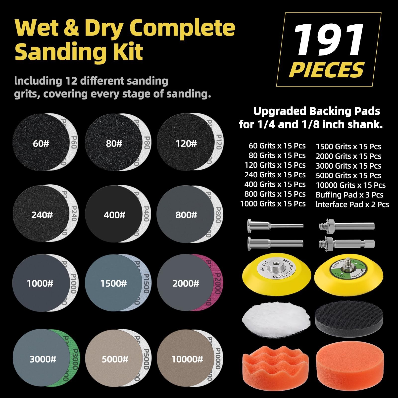 191Pcs Sanding Disc Kit – 3 Inch Hook & Loop Sandpaper, 60-10000 Grit, Wet/Dry,