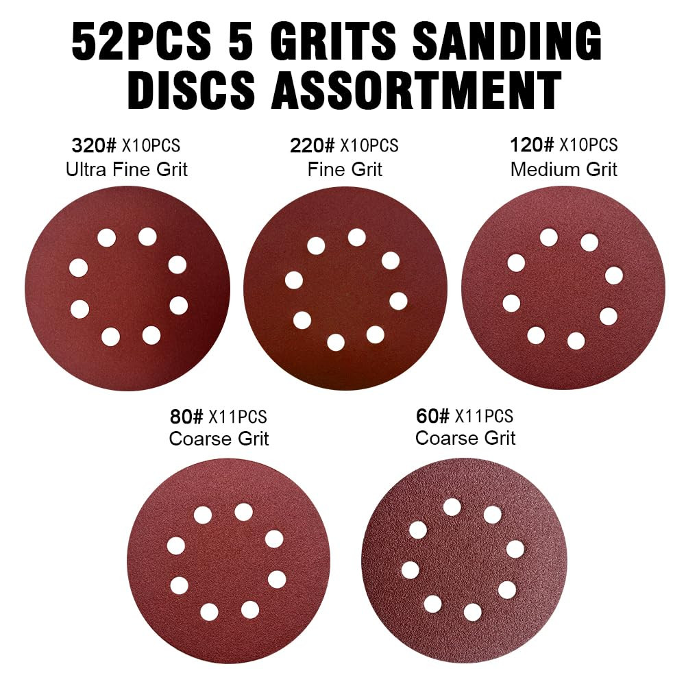 52 Pack 5 Inch 8-Hole Hook and Loop Sanding Discs Sandpaper Red round 60 80 120