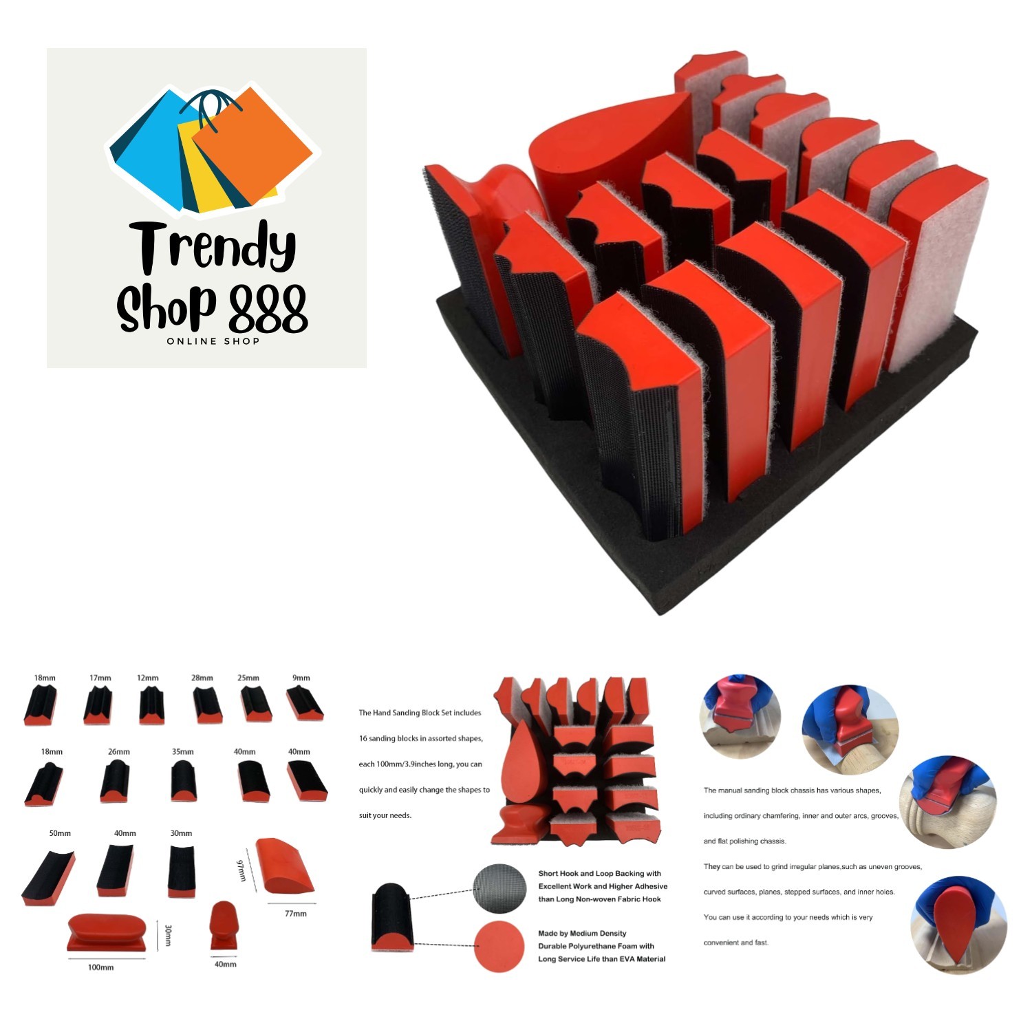 Hand Sanding Block Set of 16,Interchangeable Assorted Contoured Profile Sandi…
