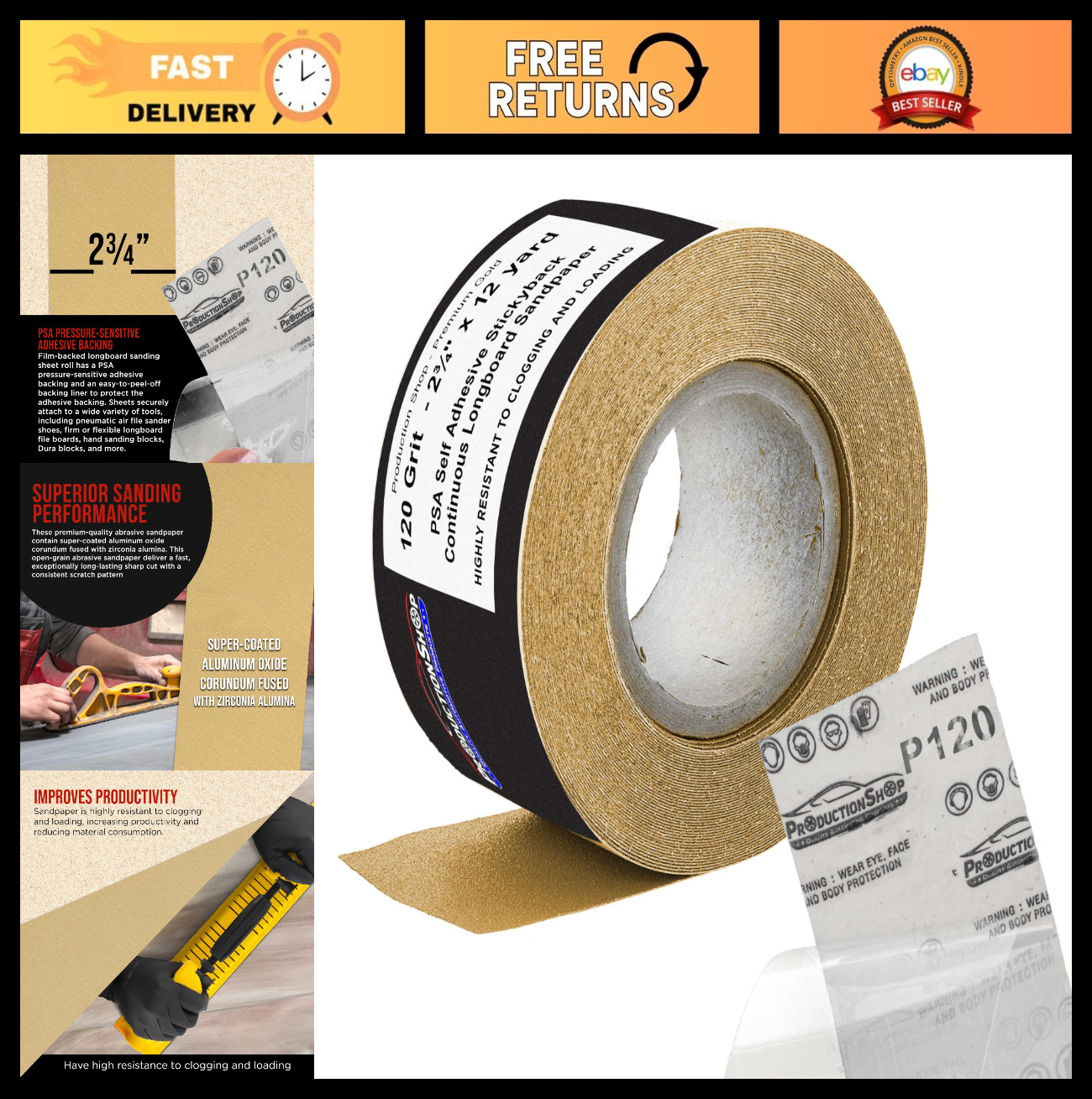Premium 120 Grit PSA Gold Longboard Sandpaper Roll – 2-3/4″ x 12 Yards, Self-Adh