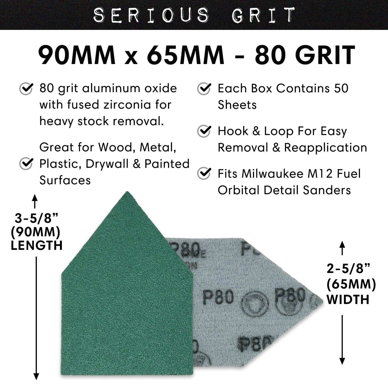– 80 Grit 90mm x 65mm Triangle Sanding Sheets – Fits Milwaukee M12 Fuel™ Sand…