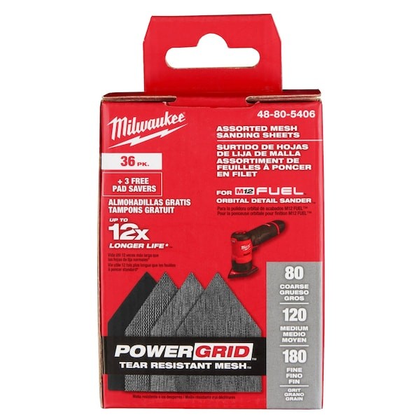 Milwaukee Tool 48-80-5406 Assorted 80, 120 & 180 Grit Mesh Sanding Sheets For