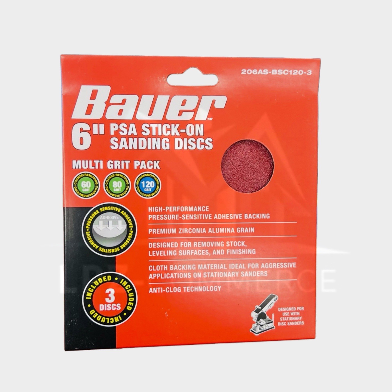 BAUER 6” PSA Sanding Discs 60/80/120 Grit Zirconia Alumina, 3-Pack