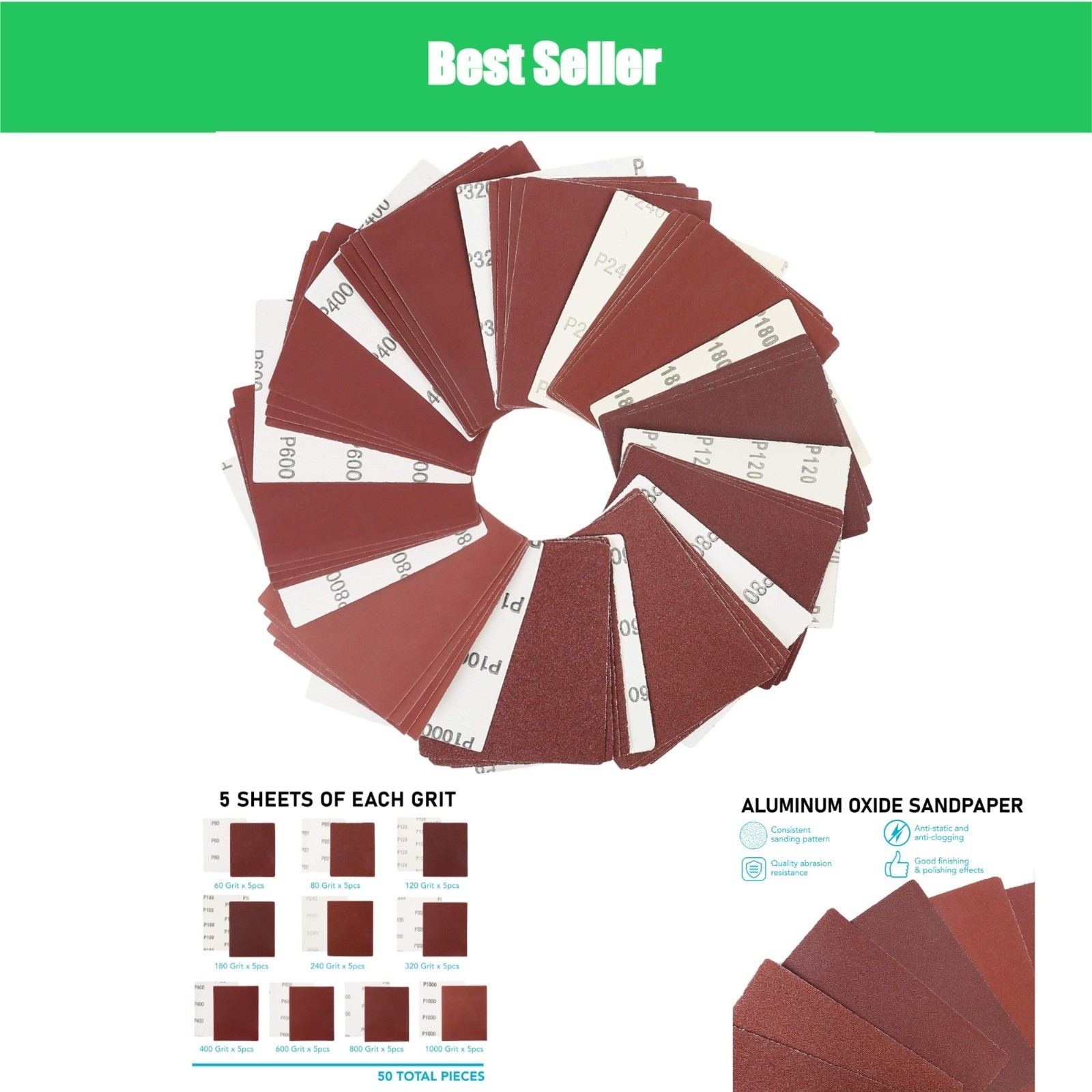 LotFancy 1/4 Sheet Sandpaper Assortment – 50PCS Various Grits
