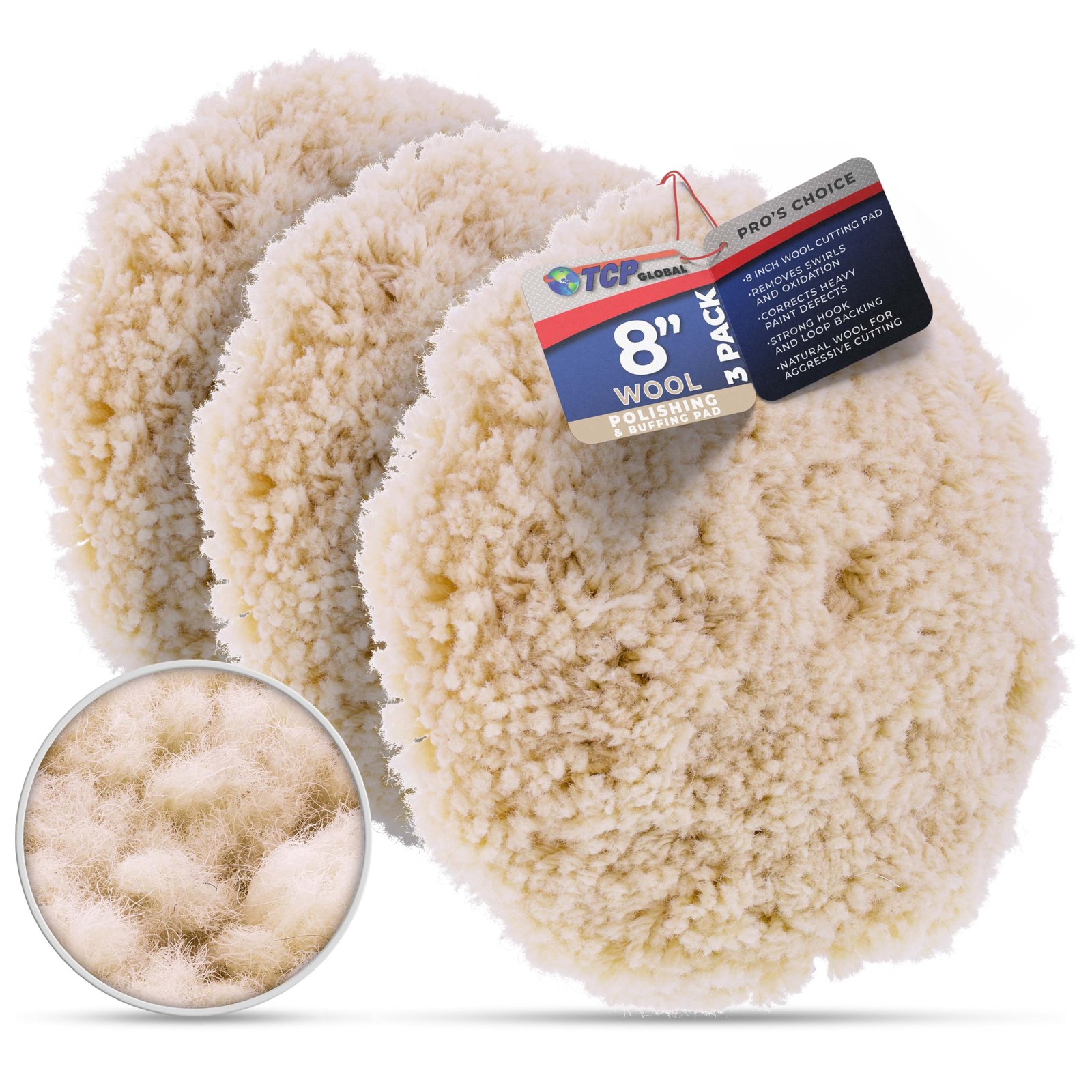 TCP Global 8″ 100% Wool Polishing & Buffing Pad (3 Pack) with 3-Wool Pads