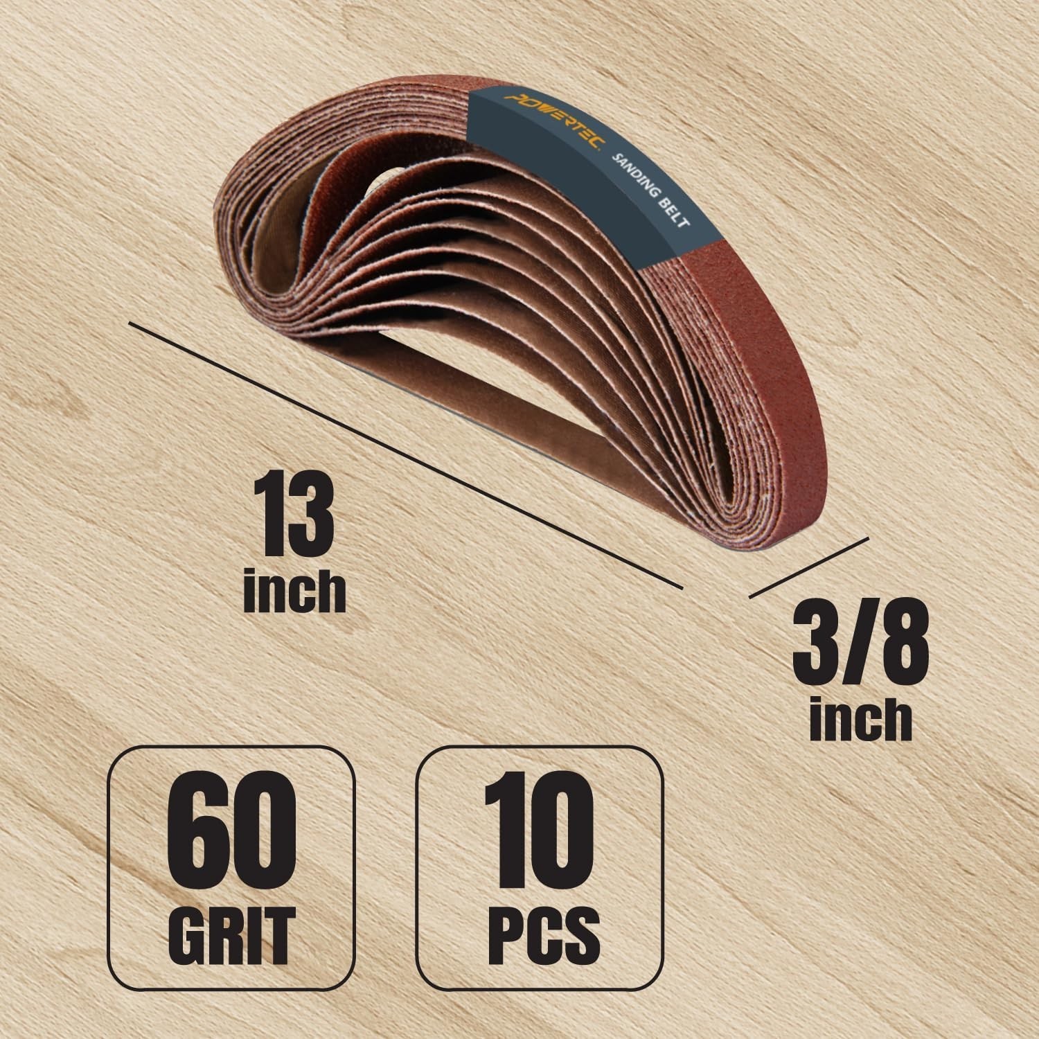 POWERTEC 3/8 x 13″ Sanding Belts 60 Grit 10pcs Aluminum Oxide Sandpaper 401306
