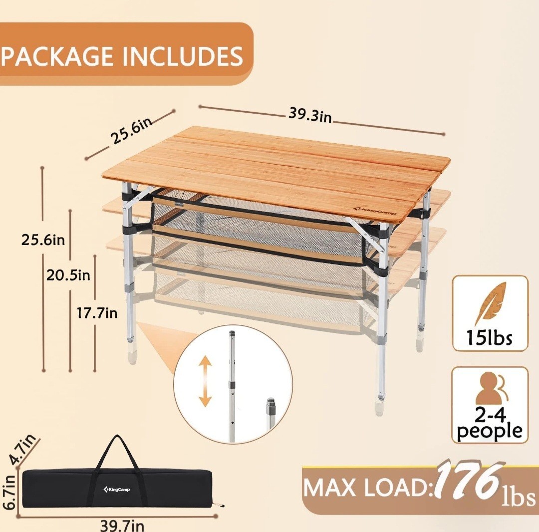 KingCamp Lightweight Stable Bamboo Folding Camping Table Bamboo Outdoor Folding