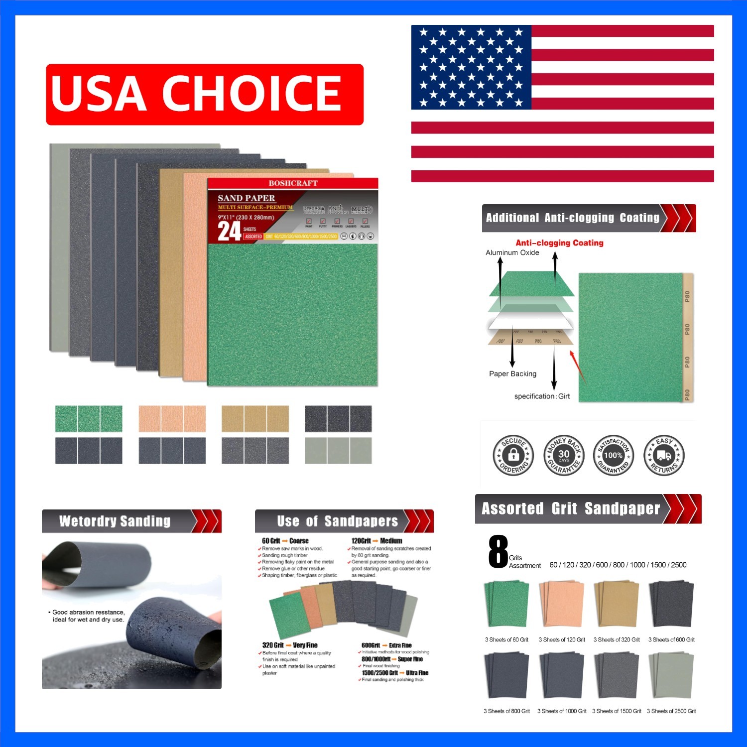 24 PCS 9″ x 11″ Wet Dry Sand Paper Assortment for Wood Metal Automotive – 3 S…