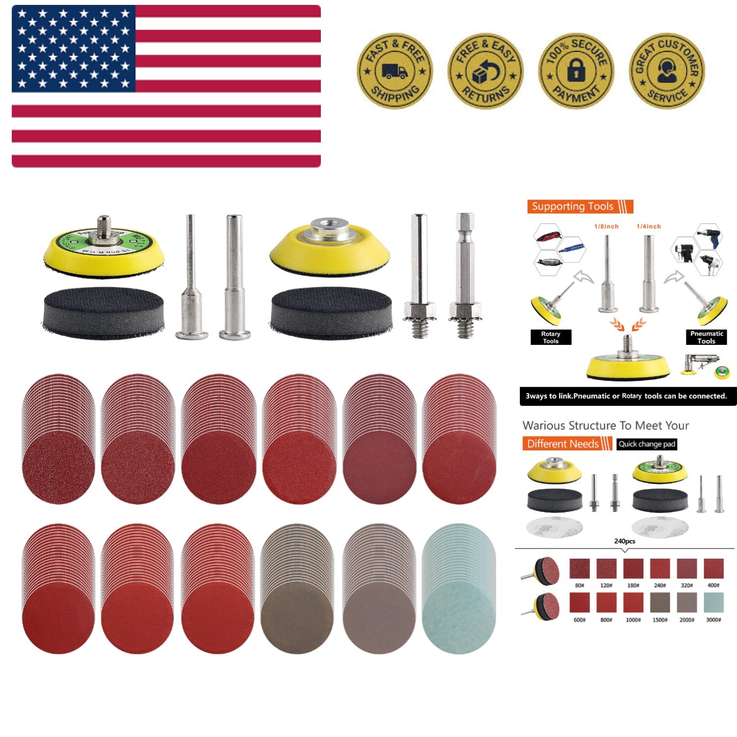 240pcs 2inch Sanding Discs Pad Variety Kit for Drill Grinder Rotary Tools Att…