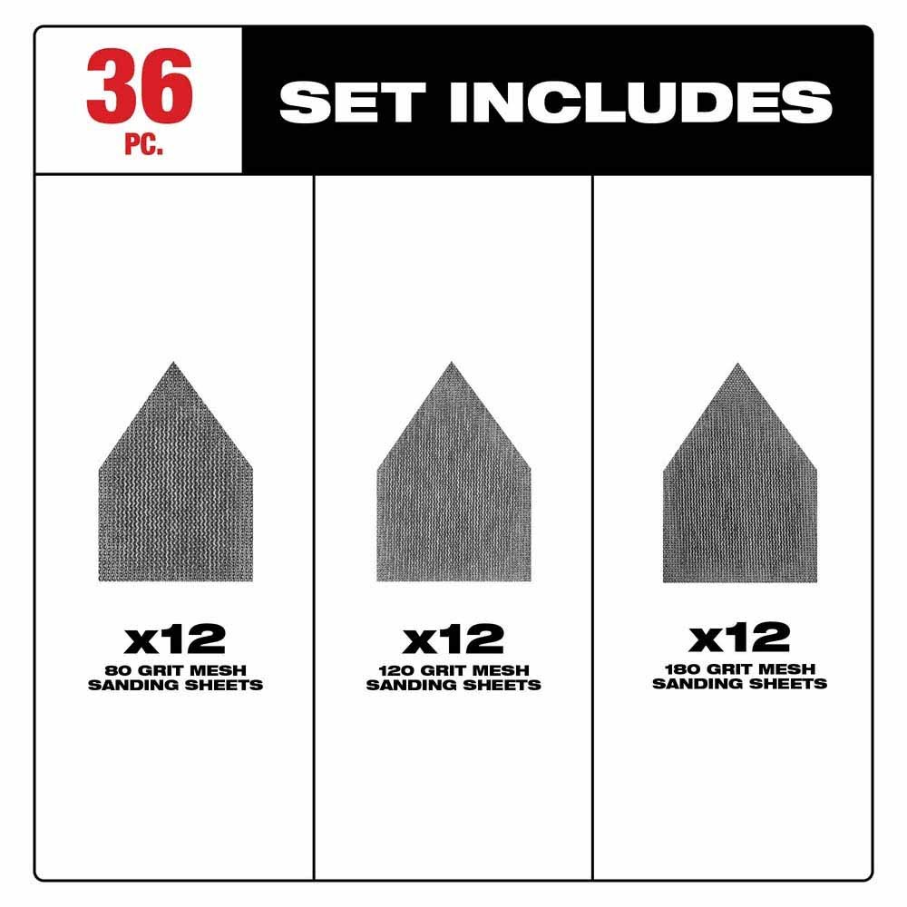 Milwaukee 48-80-5406 Assorted 80/120/180 Grit Mesh Sanding Sheets, 36-Pack