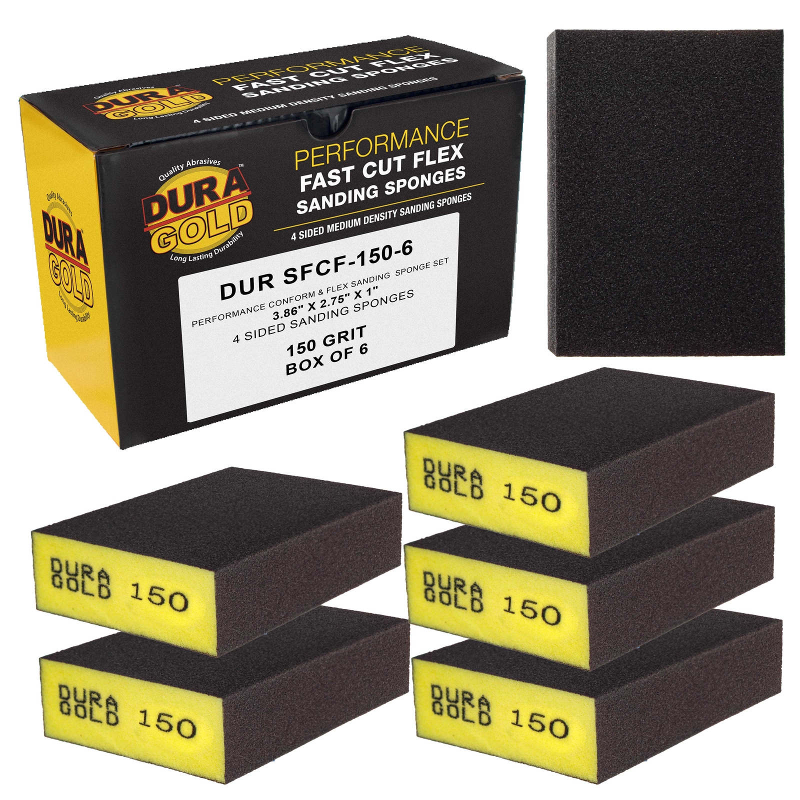 150 Grit 4-Sided Hand Sanding Block Sponges, Box of 6 – 3.9″ x 2.75″ Wet/Dry