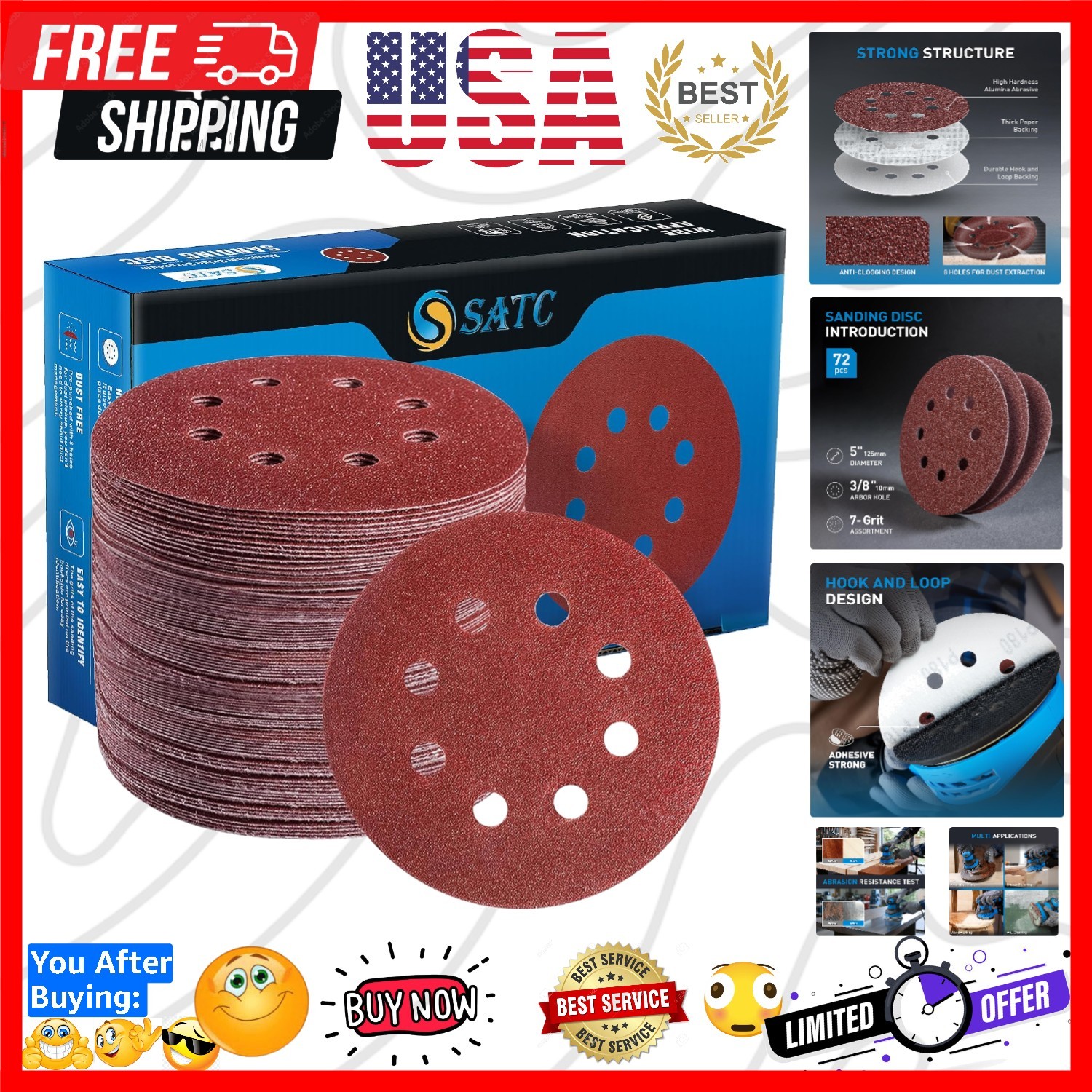 72 PCS 5 Inch 8 Hole Hook and Loop Adhesive Sanding Discs Sandpaper for Rando…