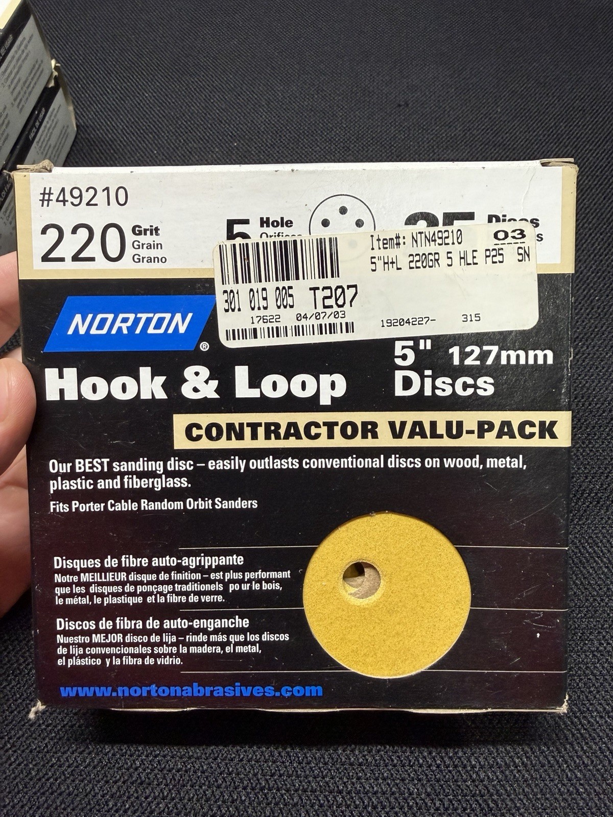 Norton Hook & Hoop 5” 127mm Discs 25 Pack, 3 Packs; 120, 180, 220 Grit