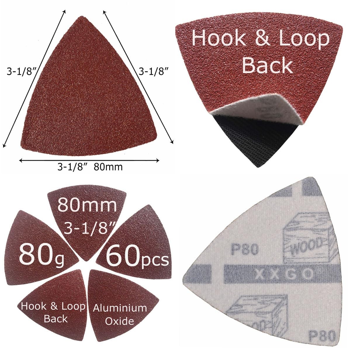 60 PCS 80mm Triangle Oscillating Tool Sanding Paper Wood 80 Grit