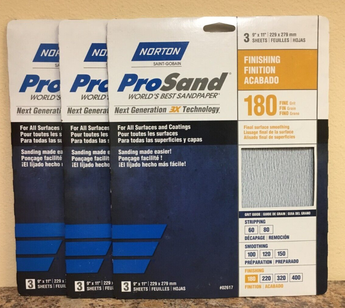 Norton 02617 ProSand 9” X 11” 180 Grit Fine Sandpaper 3 Pks of 3