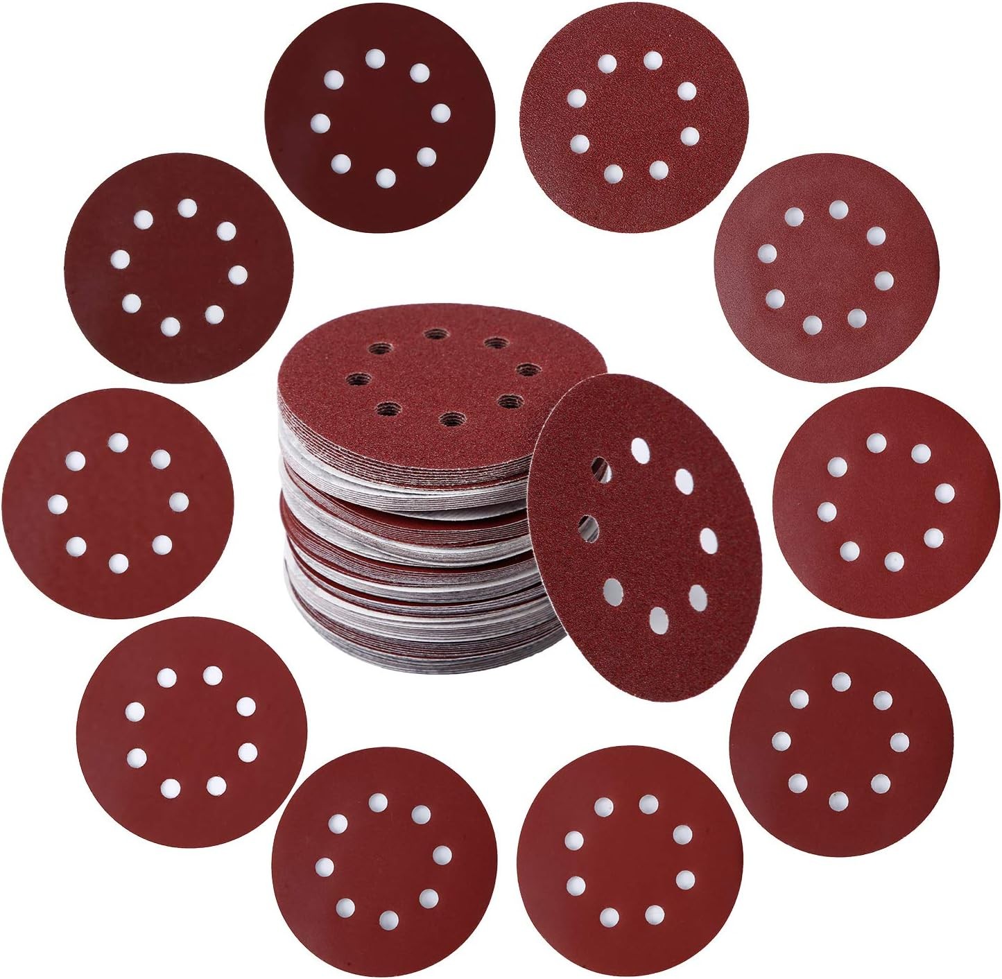 72PCS 5″ Sanding Discs 40 60 80 120 180 240 320 Grit Assorted Hook Loop 8-Holes