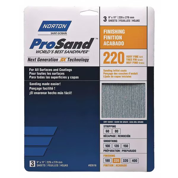 Abrasives Sandpaper Sheet,Very Fine,220 Grit,PK3 07660768158 Abrasives
