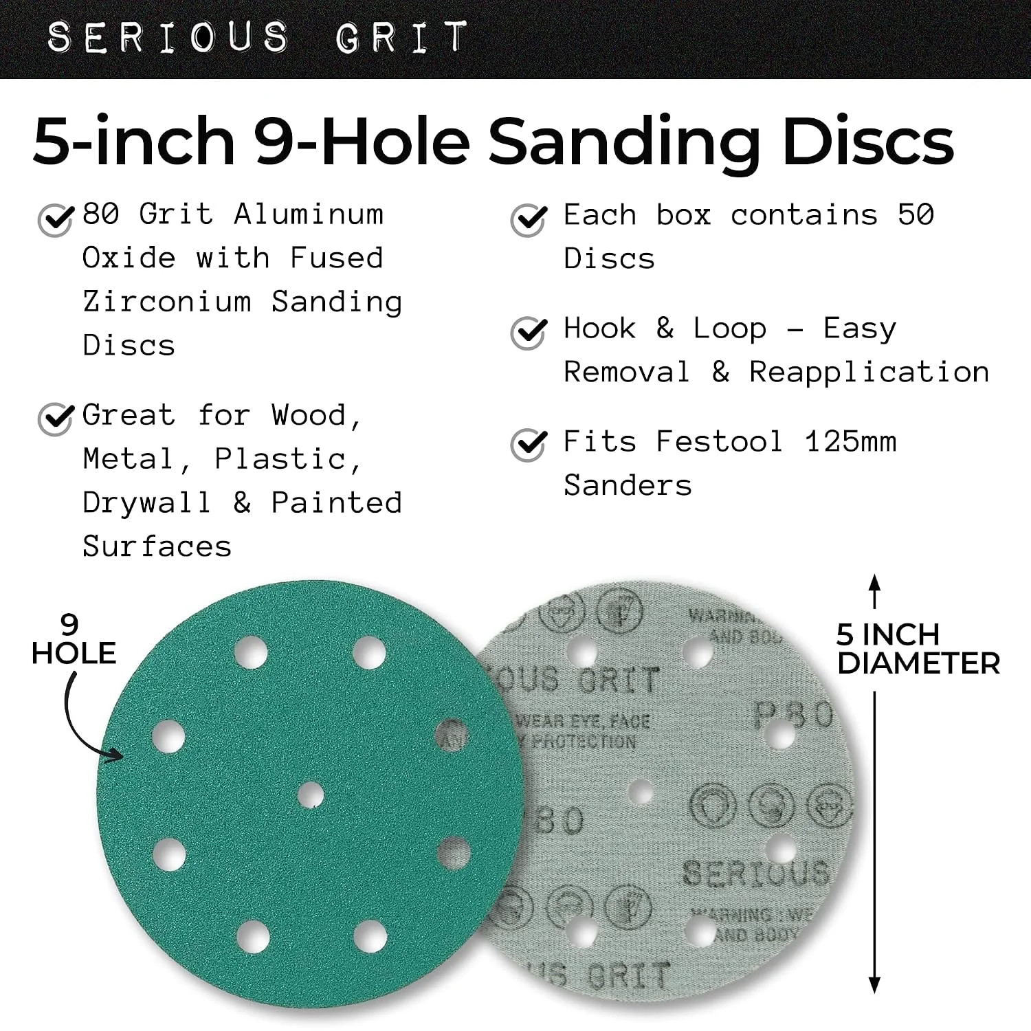 5-Inch 9-Hole P80 Grit Sanding Discs – 50 Pack Box | Fits 5″ Random Orbital Sand