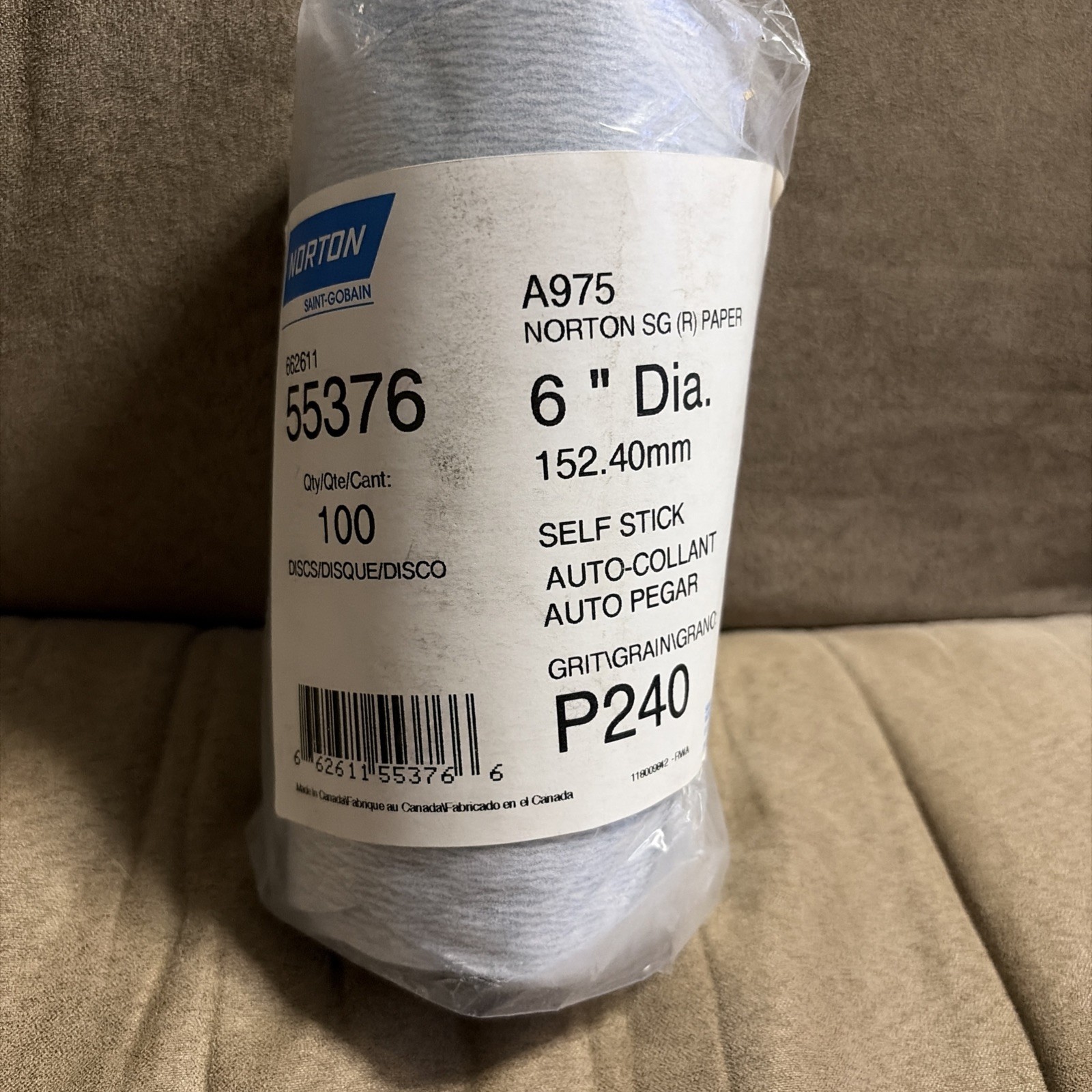 Norton 66261155376 6″ A975 Ceramic Alumina Paper PSA Disc Roll P240