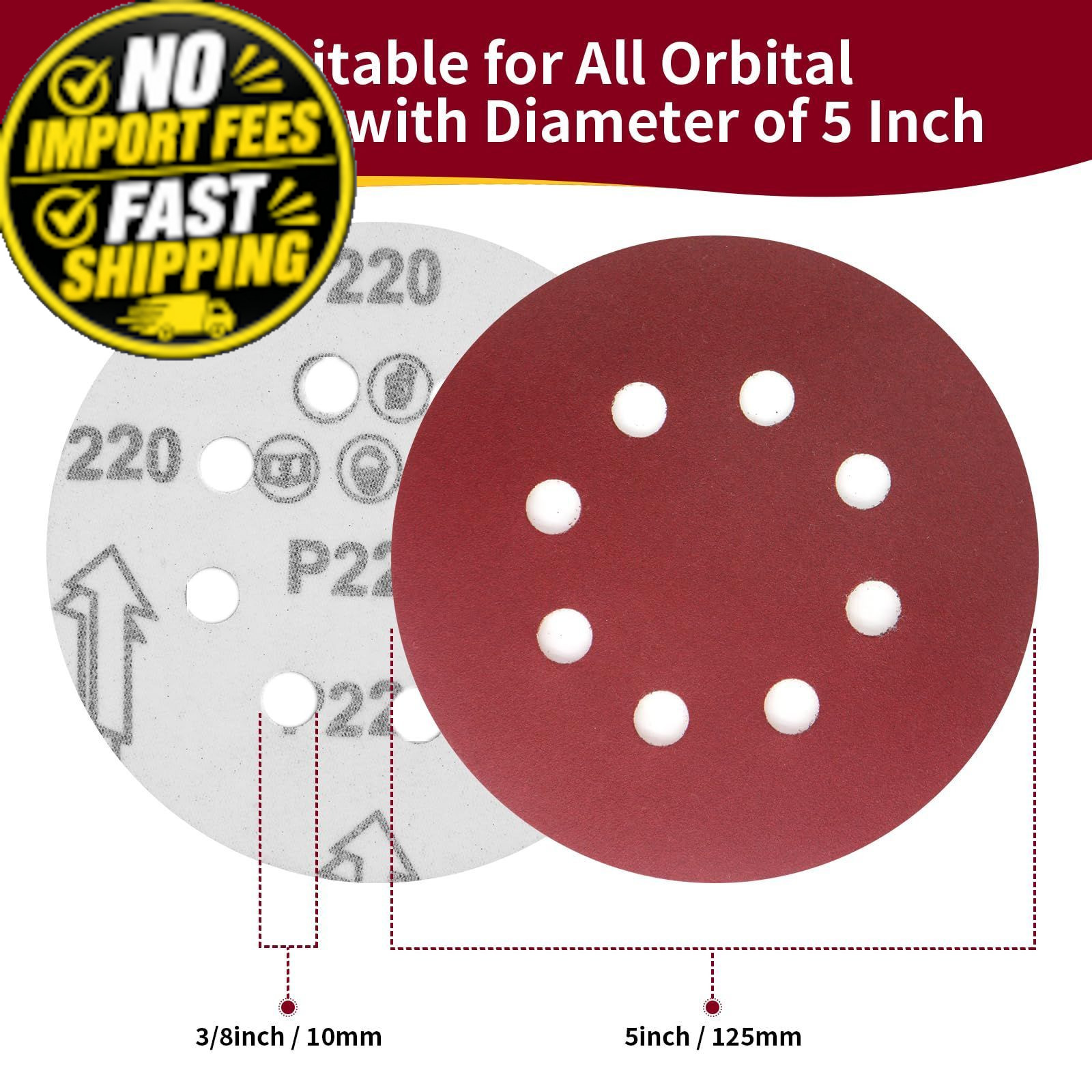Tibaebe 50 PCS 5 Inch 8 Hole Sanding Discs, Adhesive Hook and 5 – 50 Pcs