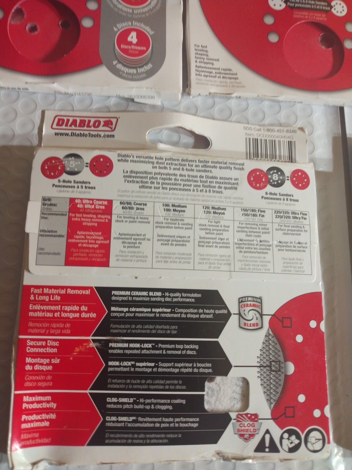 5 Pks Diablo 5in Ceramic Blend Hook and Lock Sanding Disc 40 Grit Extra Coarse 4