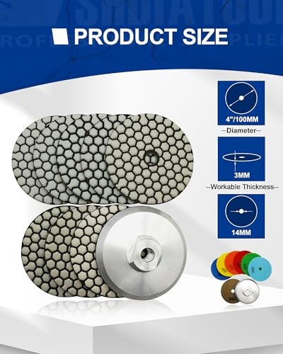 Dry Diamond Polishing Pads 4 Inch Set of 7 Pieces Plus Mixed Grits+Alu backer