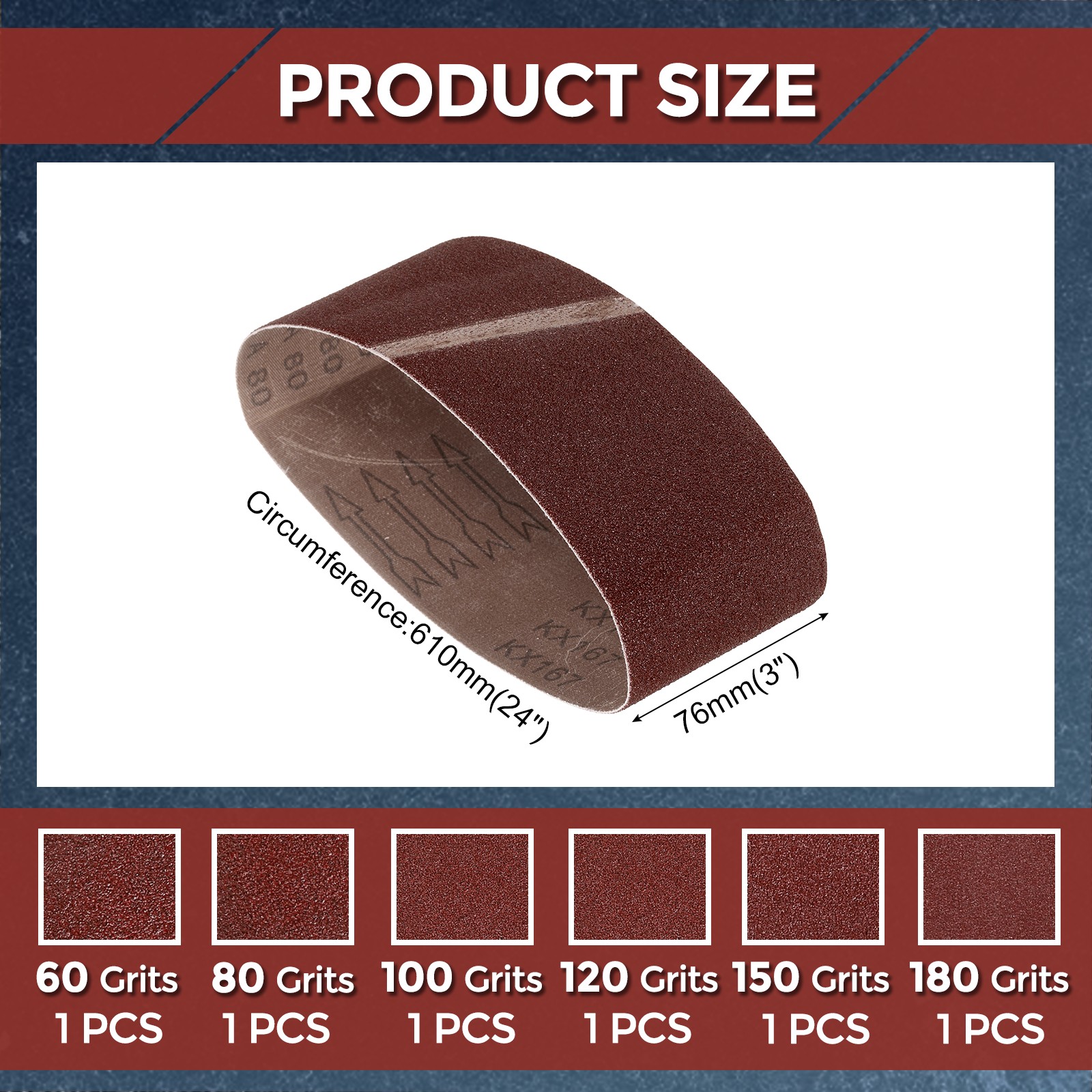 6Piece Sanding Belt Set 3″ x 24″ 60/80/100/120/150/180Grit Suitable for Grinding