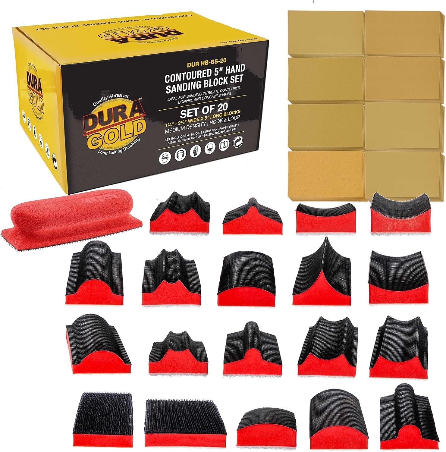 Hook & Loop Sanding Block Set – 20-Piece with 40 Sheet Kit