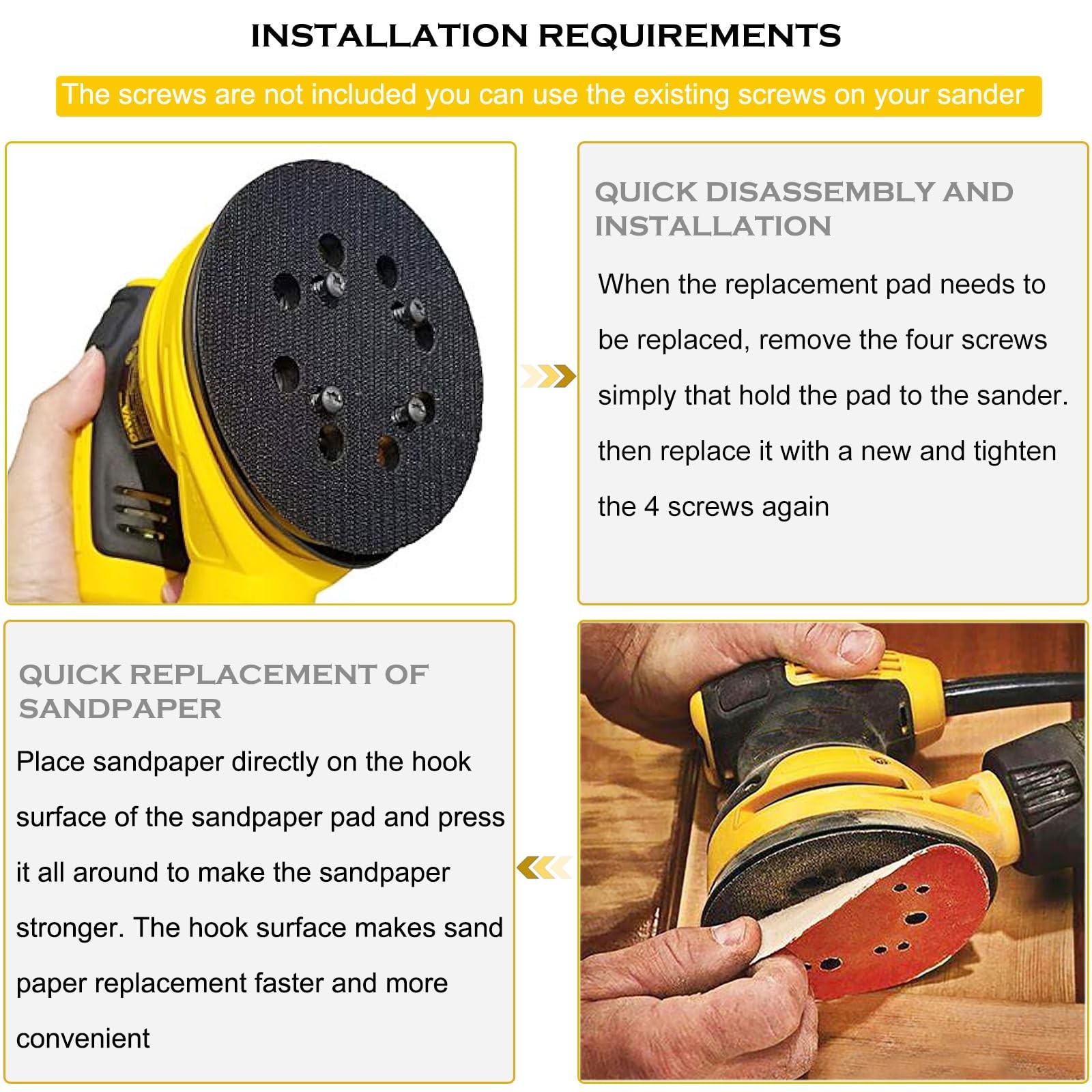 5″ 8 Hole Hook and Loop Replacement Sander Pad for Dewalt 5 inch, Black
