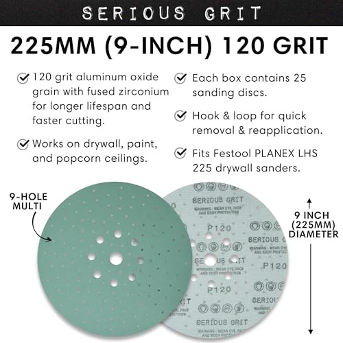 – 225mm (9-Inch) PDrywall Sanding Discs – 25 Pack Box | Fits Festool 120 Grit