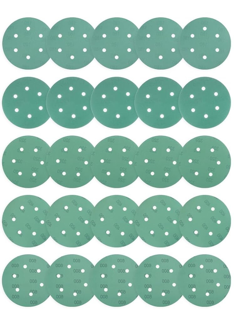 50pcs Green Film Sanding Discs 40-2000 Grit 6 Hole Round Aluminum Oxide For Wood