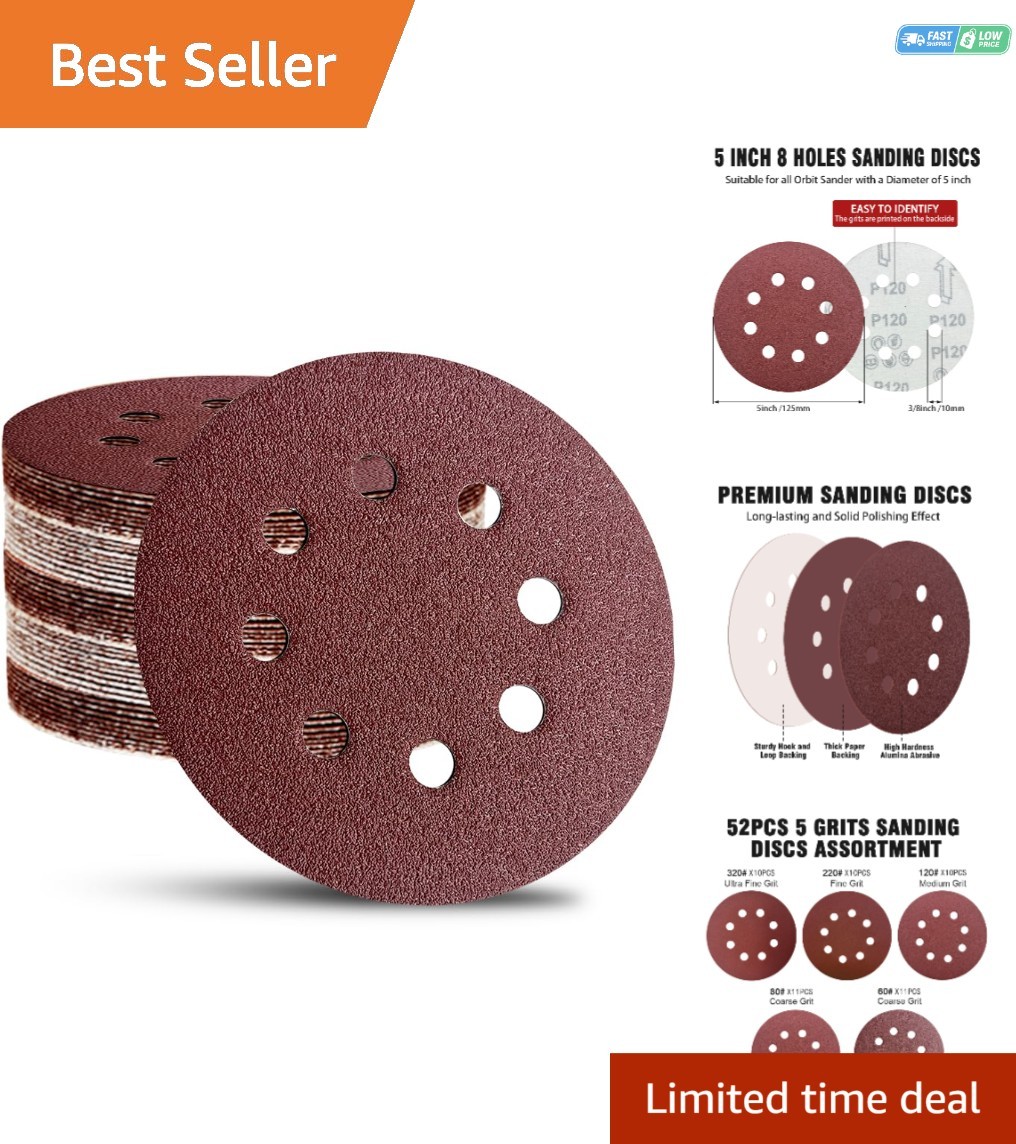Versatile 52-Pack Hook and Loop Sanding Discs – 5 Inch for Smooth Finishes