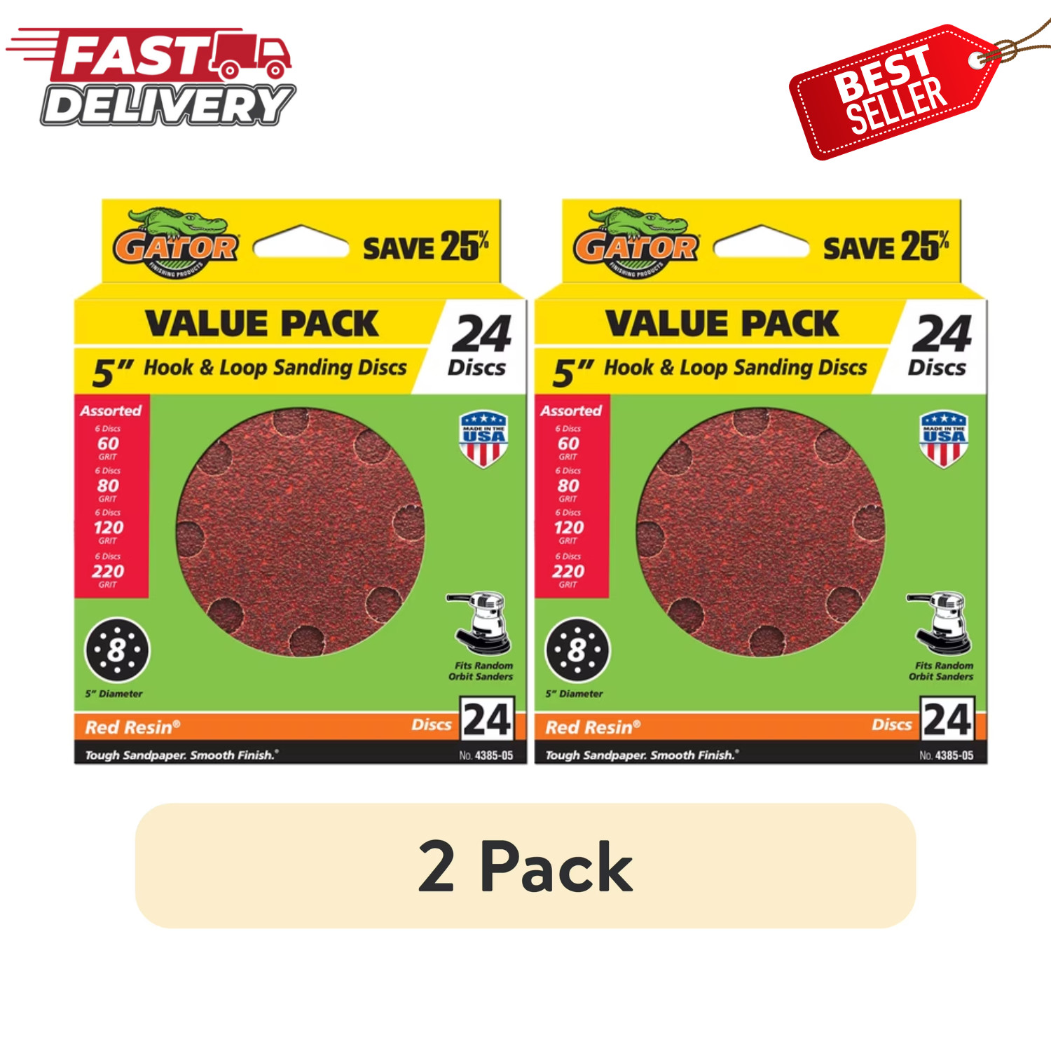 2-Pack Gator 438505 5″ Assorted Grit Hook & Loop Sanding Discs 24 Pack New