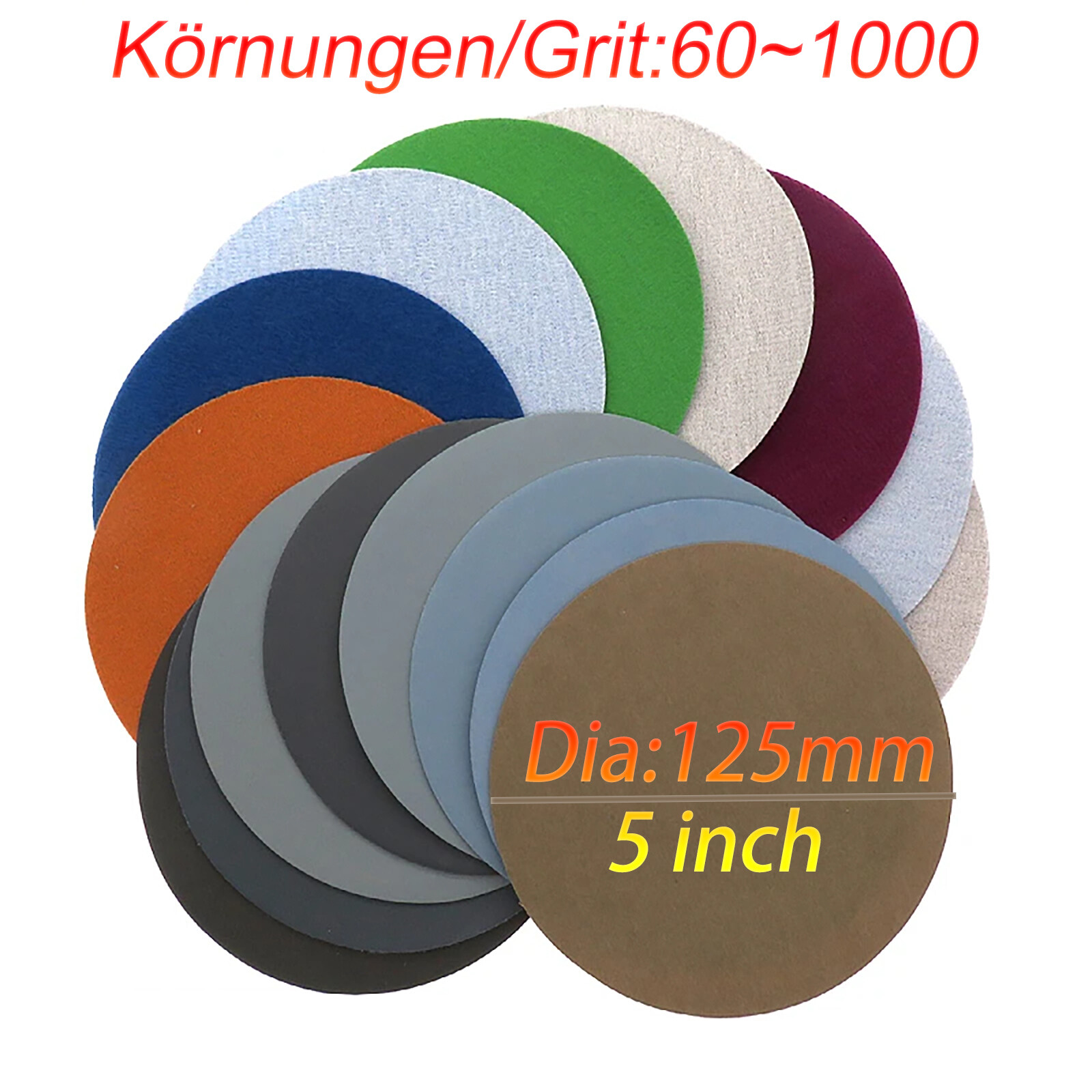 60-1000 Grit 5 inch Round Sandpaper Sanding Disc 125mm Dry Flocking Disc No hole