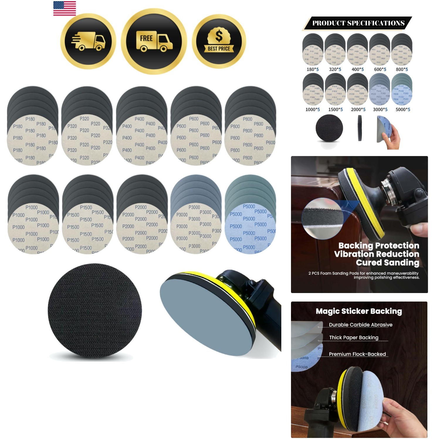 Wet Dry Sanding Discs 51pcs Foam Backing Pads Grits 180-5000 for Metal Wood Auto