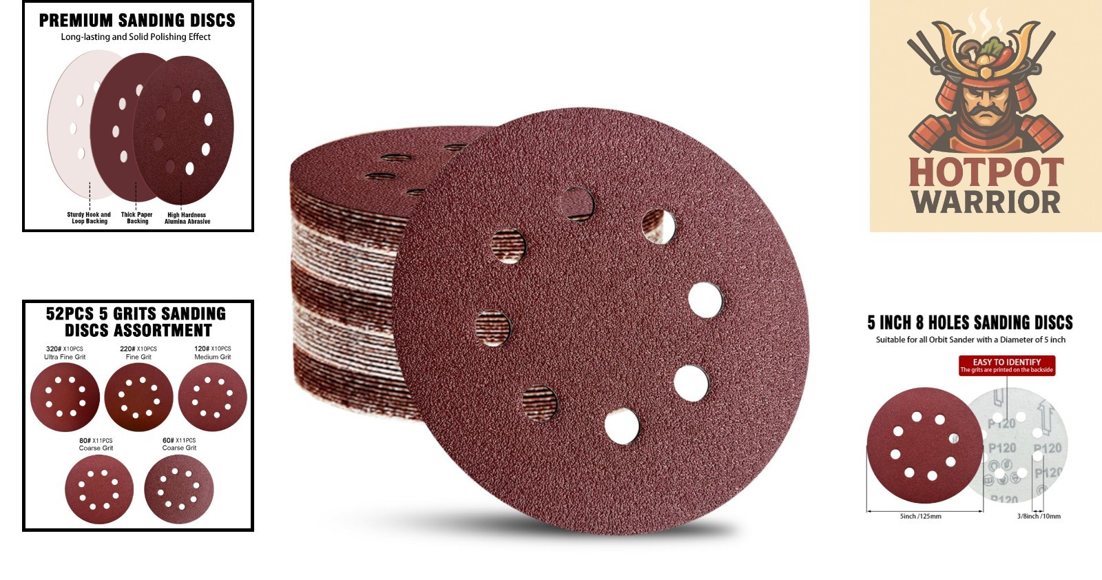 52-Pack 5″ Sandpaper Discs – Coarse to Fine Grits for Art & Wood