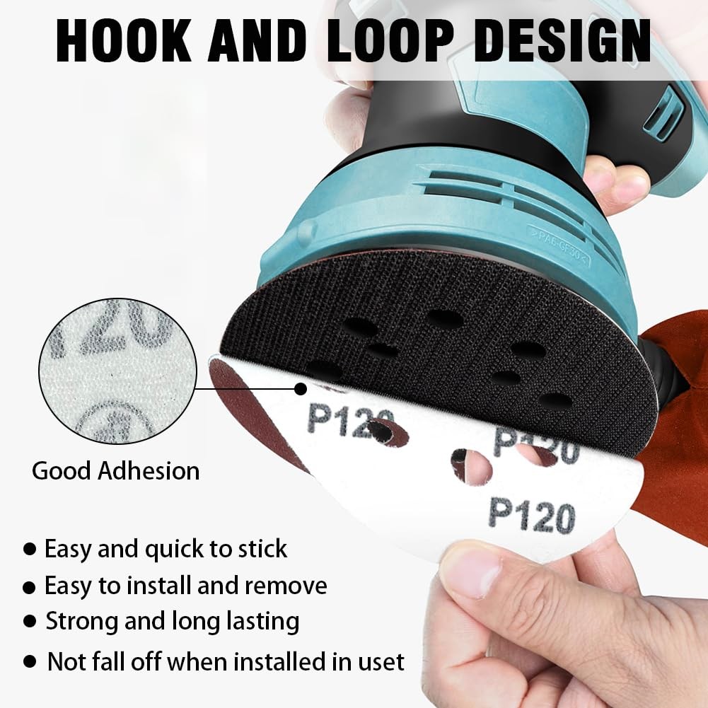 52Pack 5 Inch 8-Hole Hook and Loop Sanding Discs Sandpaper Red Round 60 80 120