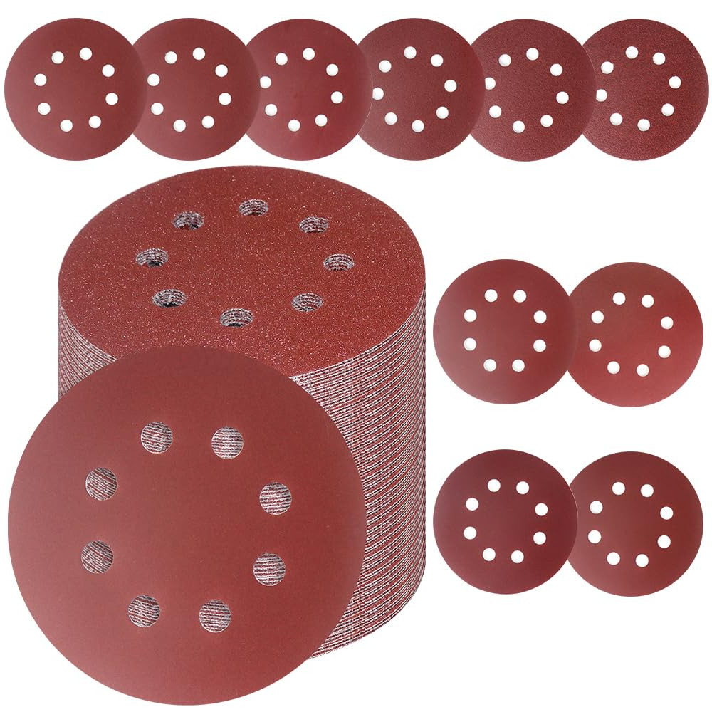 50Pcs 5 Inch 8-Hole Hook and Loop Sanding Discs 6 Mixed Grits Round Sandpaper