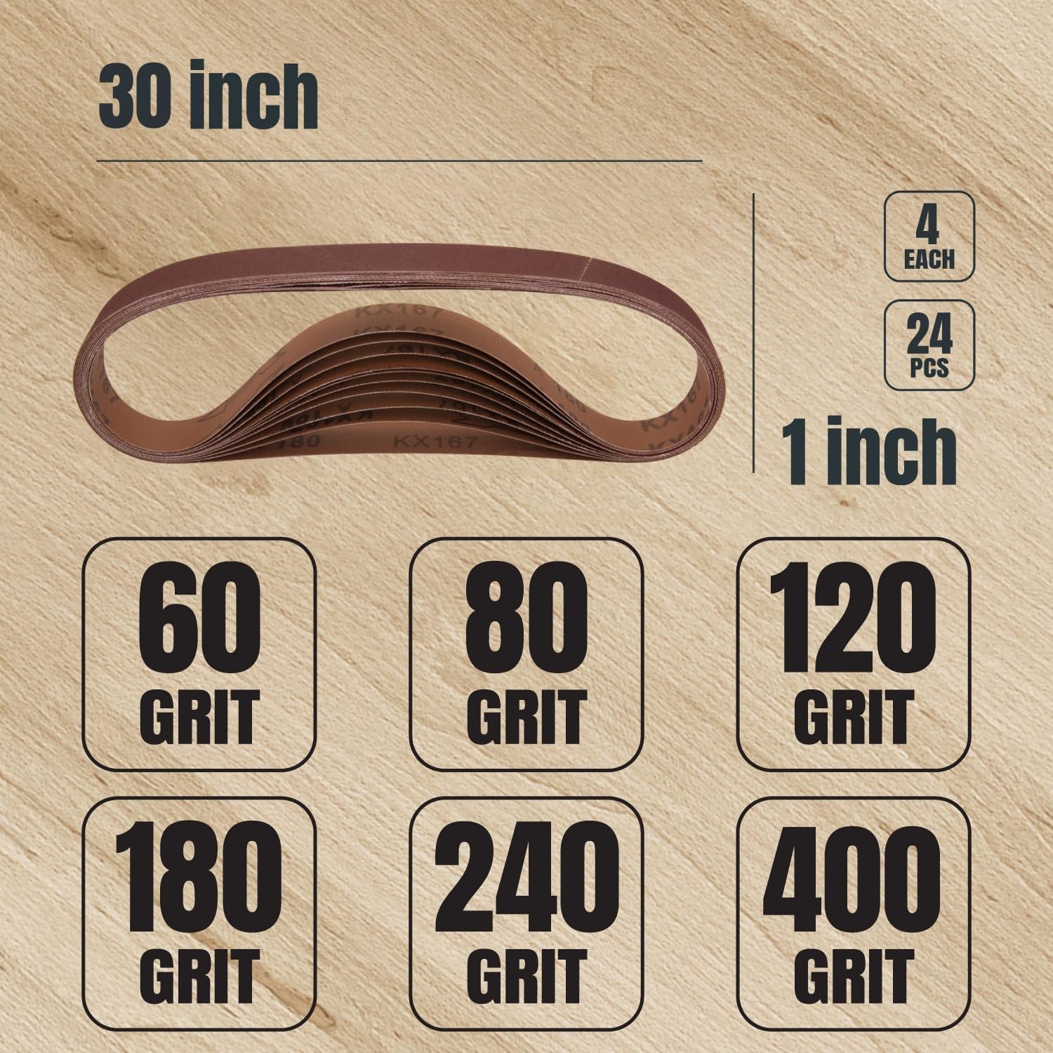 POWERTEC 1 x 30″ A/O Sanding Belt Assortment 20PK (60,80,120,180,240,400 Grit)