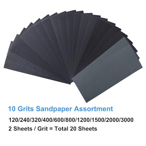 20PCS Sandpaper Variety Pack Wet Dry Assorted Grits 9″x3.6″ Sheets