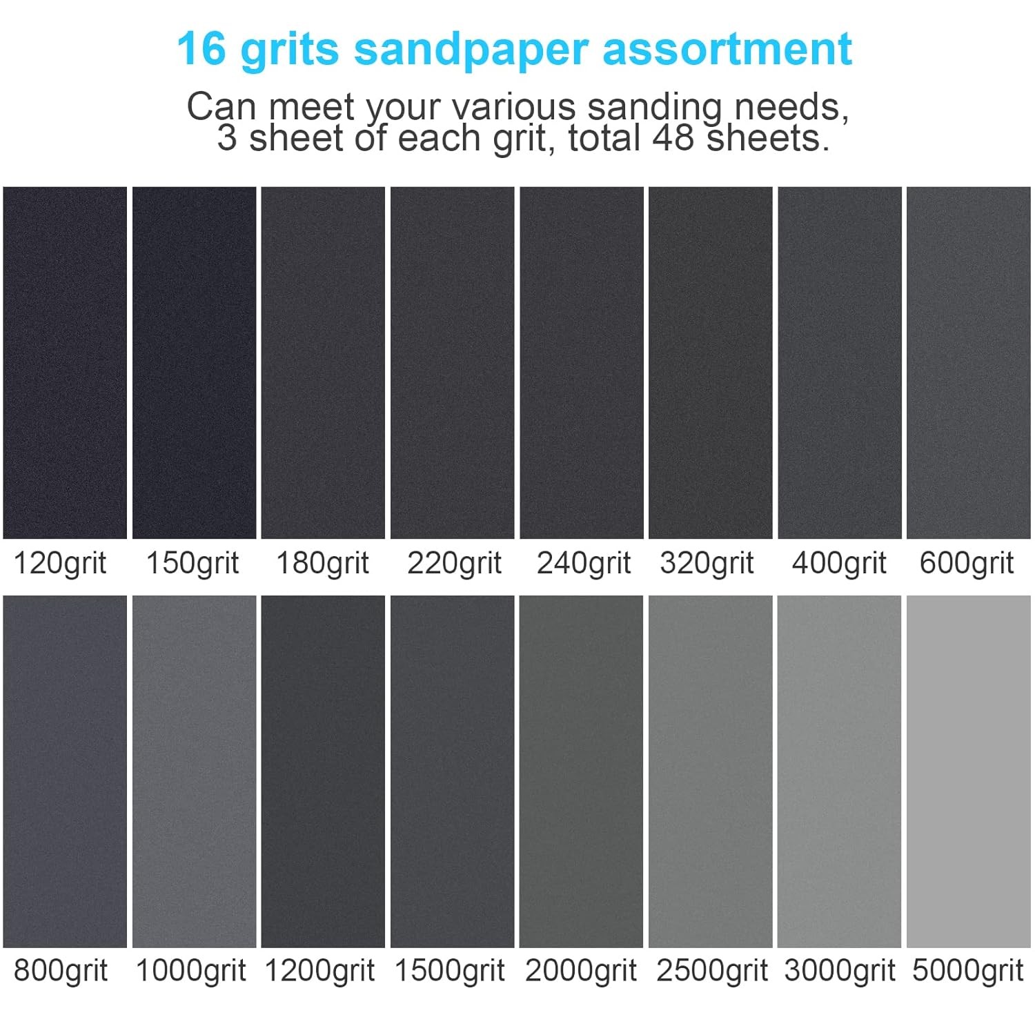 48pcs Sandpaper Sheets Assortment Sand Paper Wet Dry 120 to 5000 Grit Wood Metal