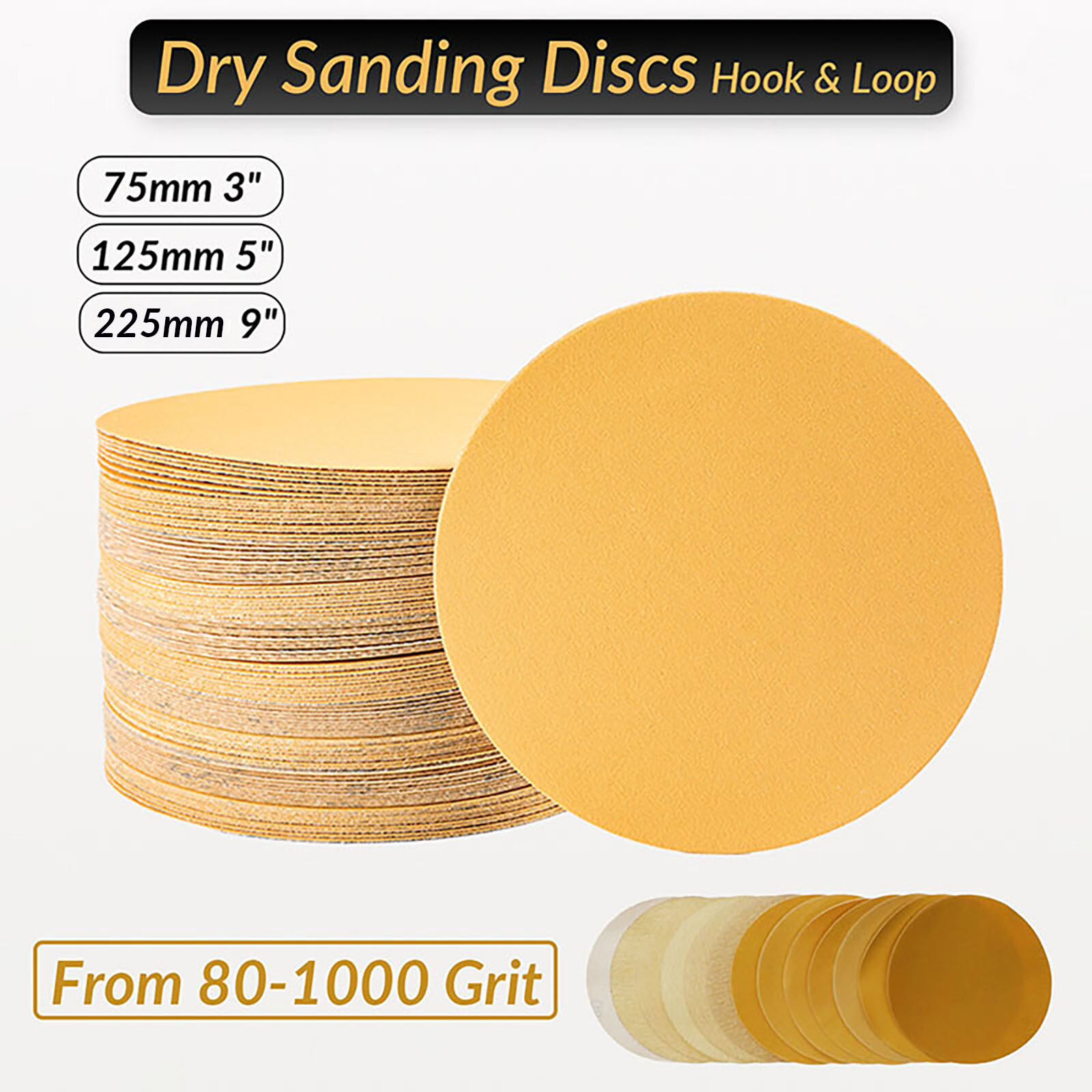 75mm 3″ – 125mm 5″ – 225mm 9″ – Hook & Loop Dry Sanding Discs From 80-1000 Grit