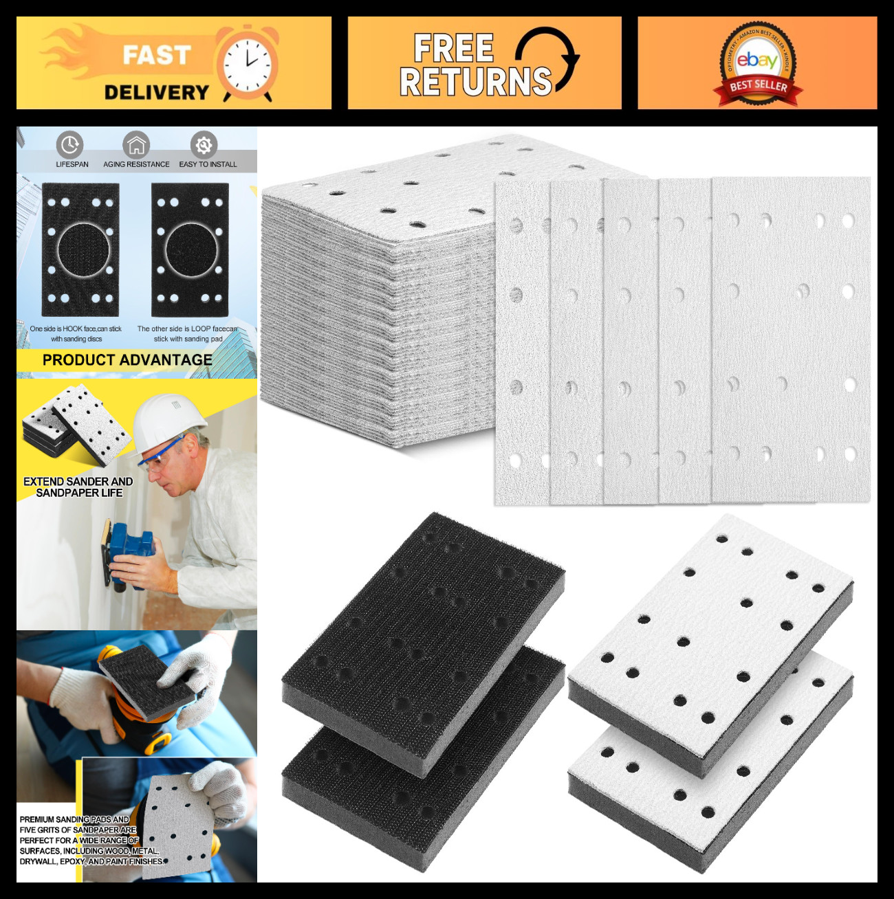 100 Pack Sanding Sheets 80x133mm P80 P120 P150 P180 P220 + 4 Foam Pads – For She