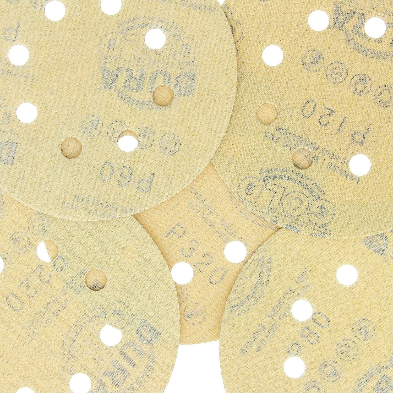 5-Inch Gold Sanding Discs – 50-Piece Variety Pack with 8 Holes for Dust-Free Use