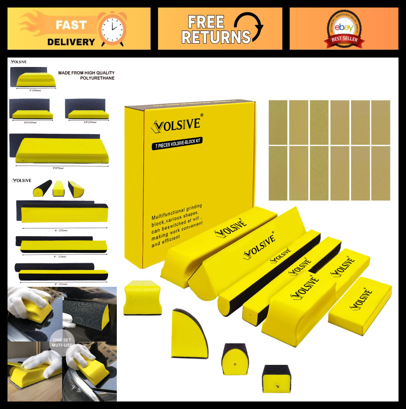7-Piece Hand Sanding Block Set with 20 Hook & Loop Sandpaper – Flexible for Auto
