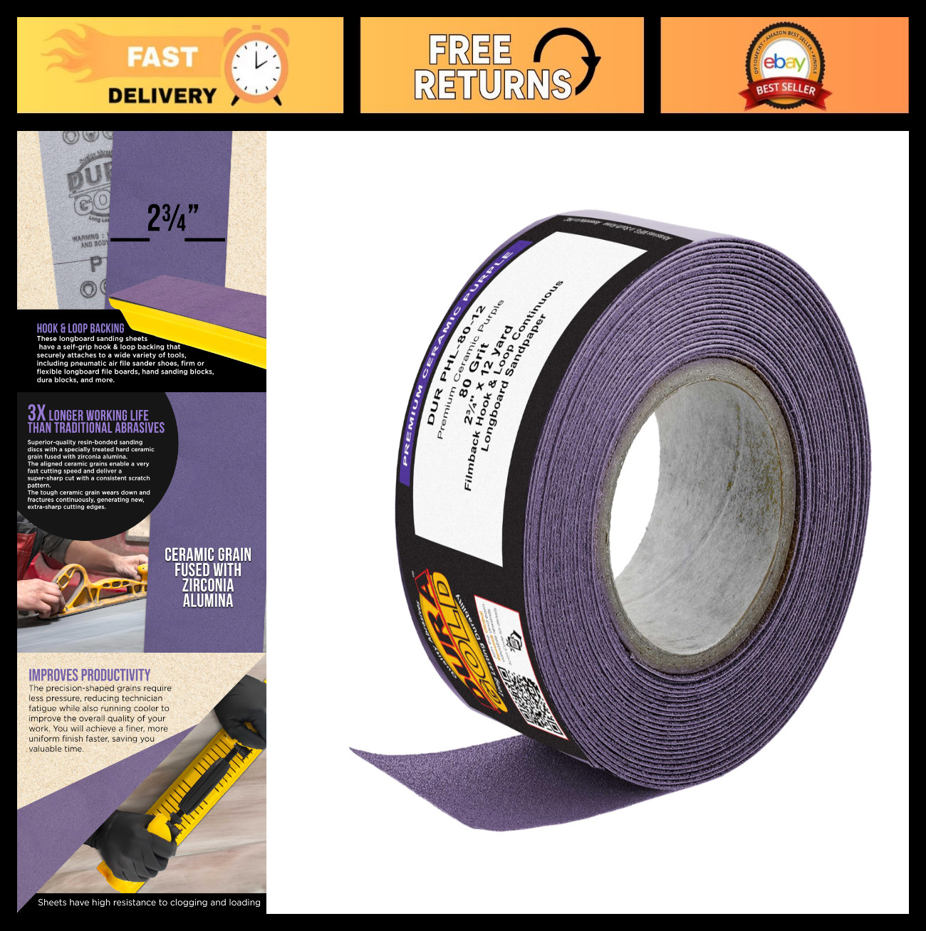 Premium 80 Grit Purple Ceramic Longboard Sandpaper Roll – 2.75″ x 12 Yards, Hook