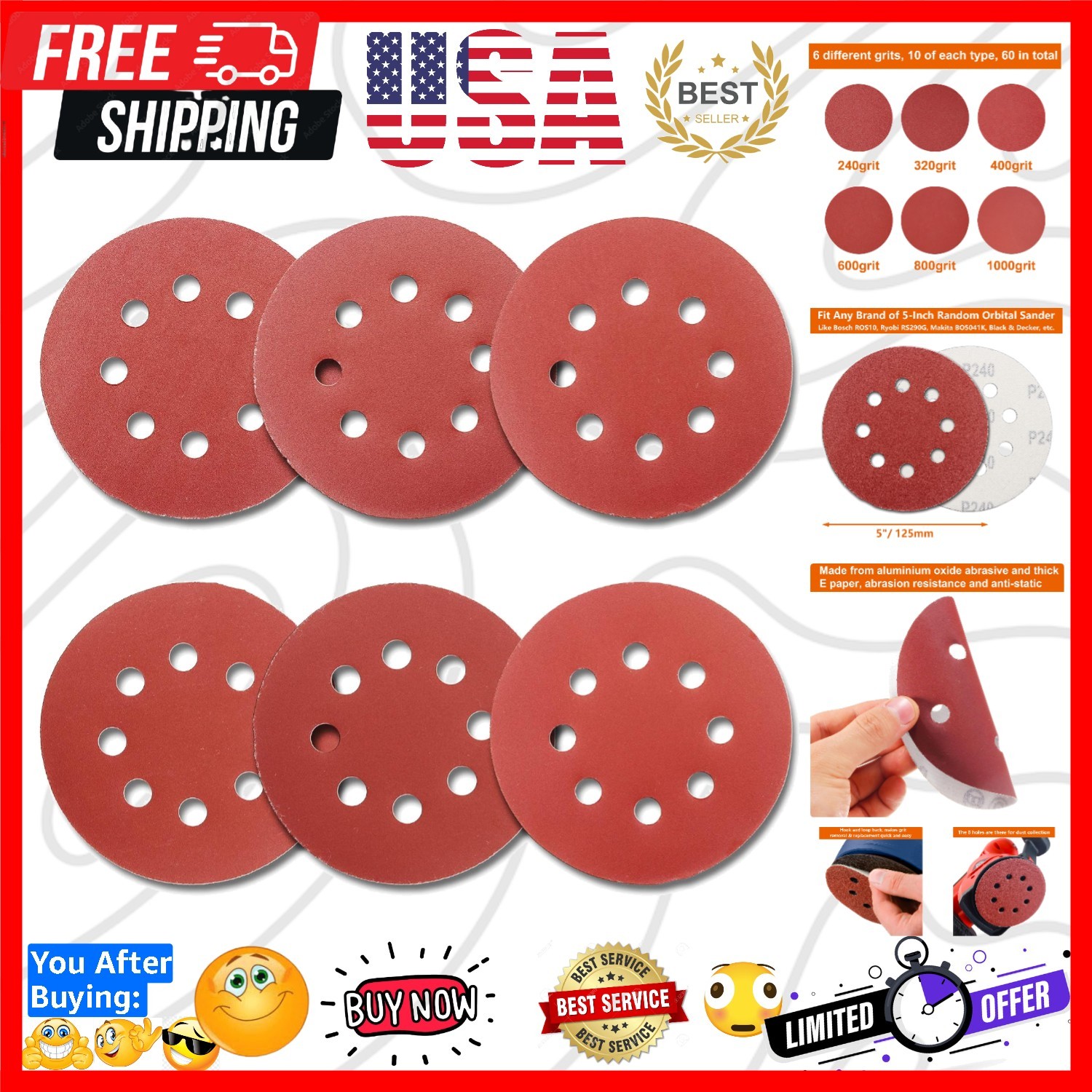 60Pcs Sanding Discs 5 Inch 8 Holes, 1000/800/600/400/320/240 Grit Sandpaper f…