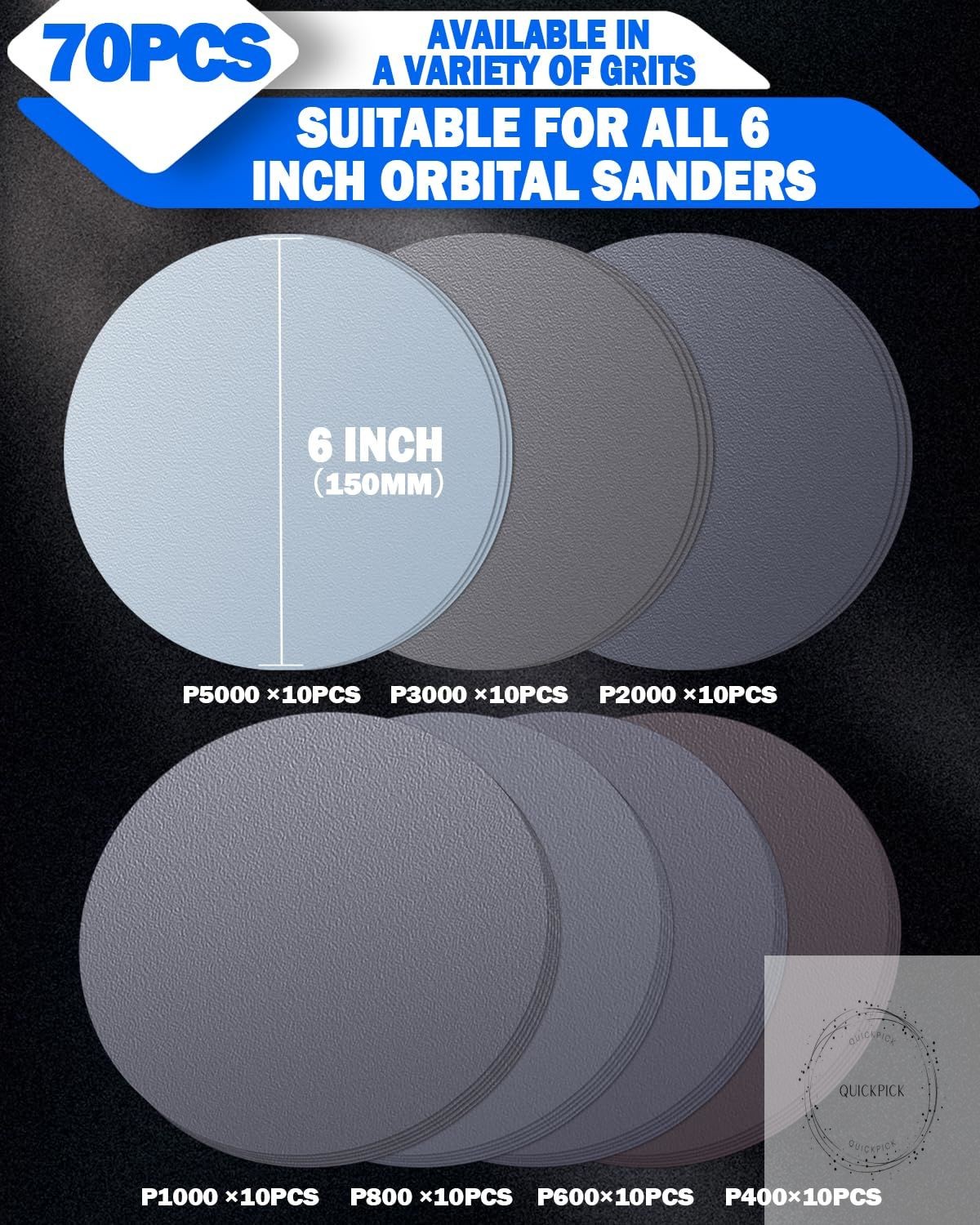 70Pcs 6 Inch Wet Dry Sanding Paper Discs Hook and Loop, 5000 3000 2000 1000 800