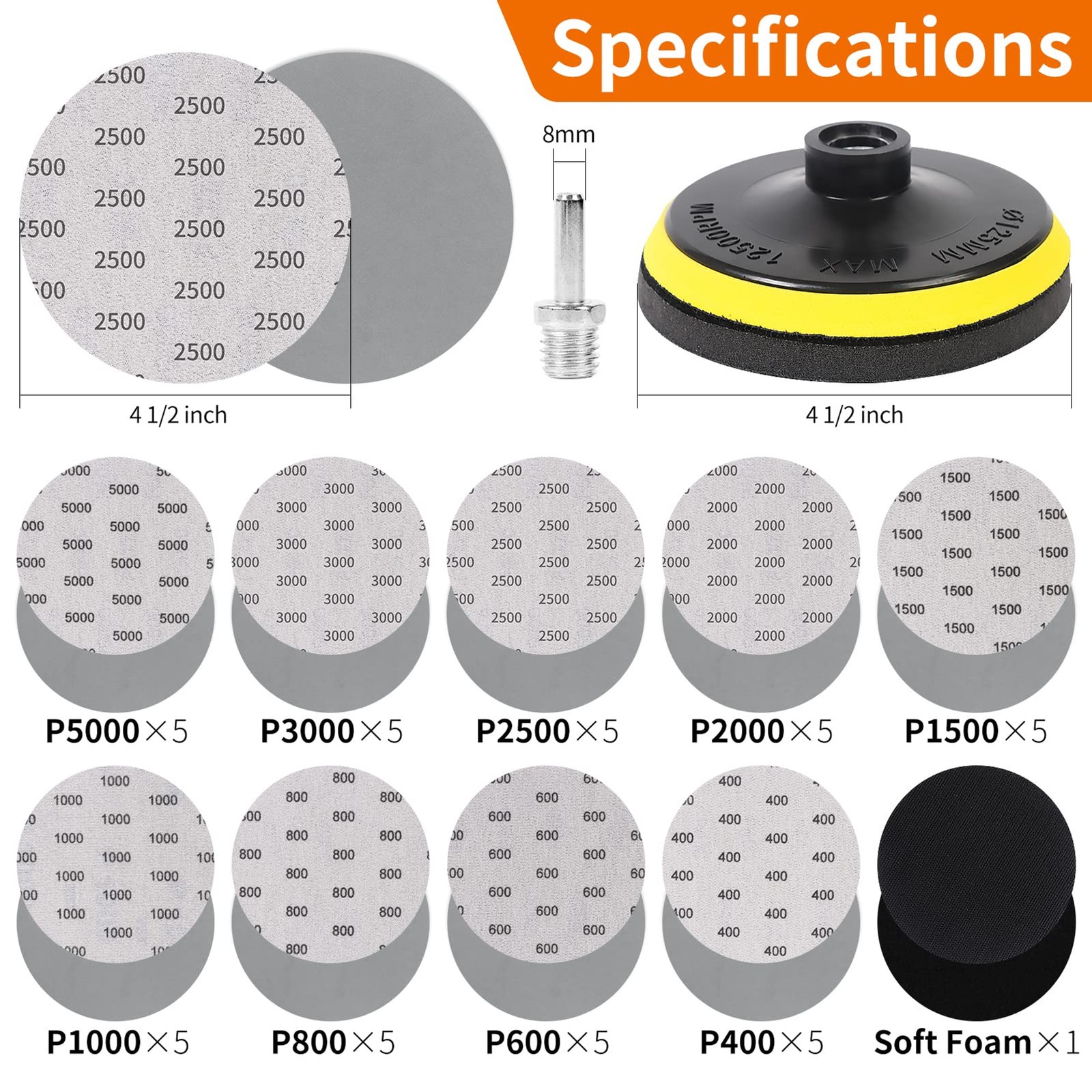 45PCS 5 Inch Wet Dry Sanding Discs Kit with Hook and Loop Backing Pad 5/8-11 and